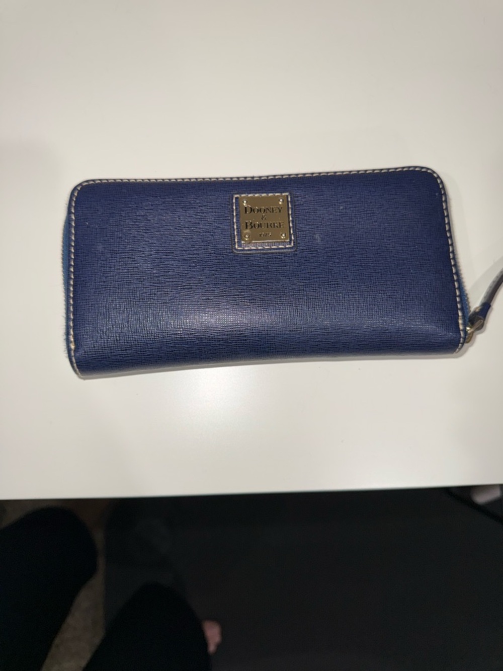 Dooney & Bourke Navy Blue Zip Wallet with Gold Logo Plaque